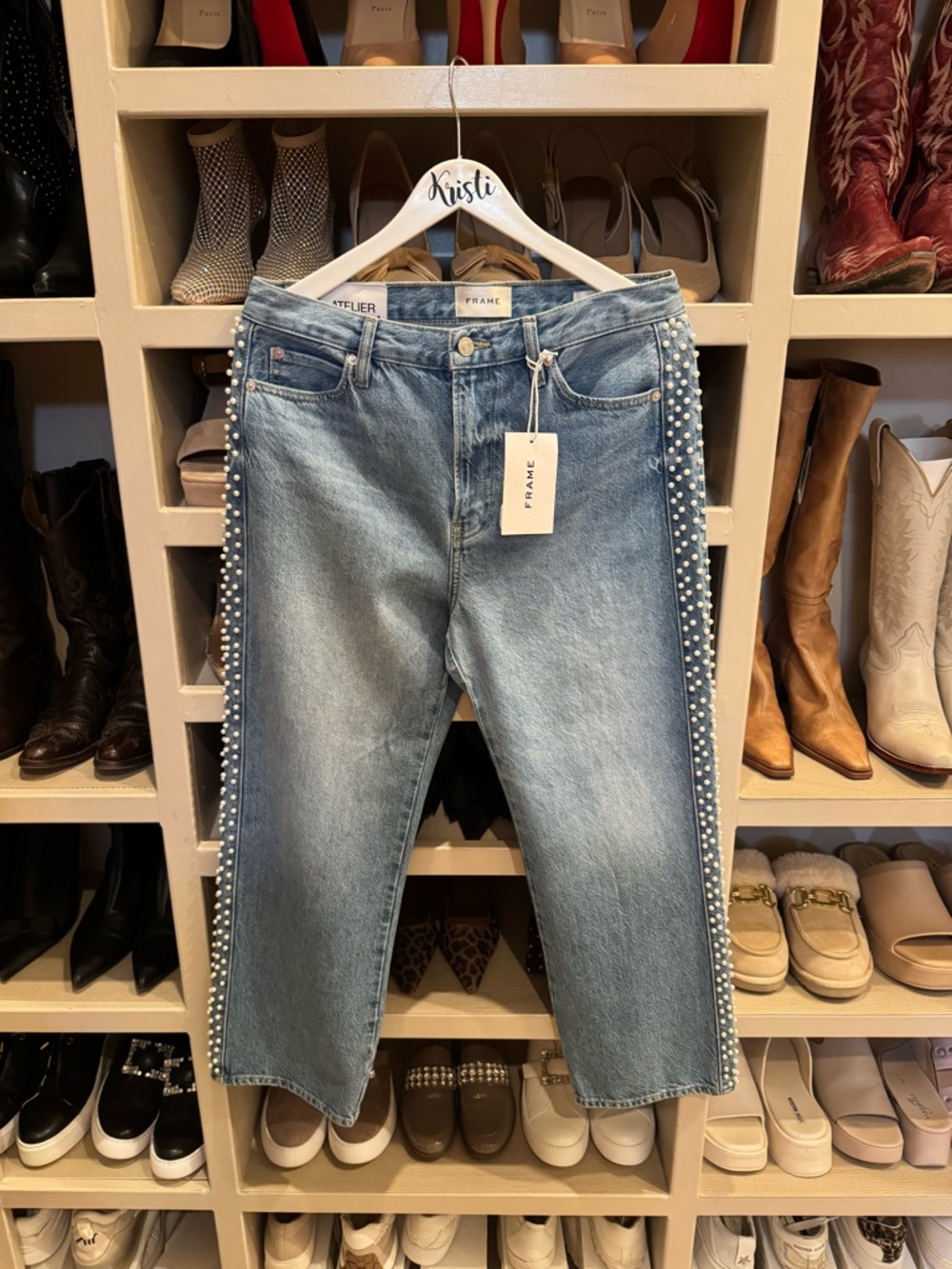 Frame Denim Light Blue Pearl-Trim Straight Jeans NWT